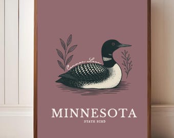 Impression d'art oiseau de l'État du Minnesota – Illustration botanique vintage de Plongeon huard