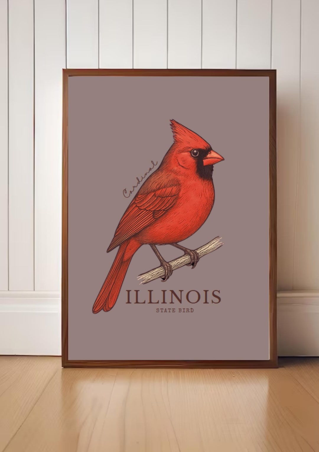 Illinois State Bird Art Print Northern Cardinal Vintage Botanical