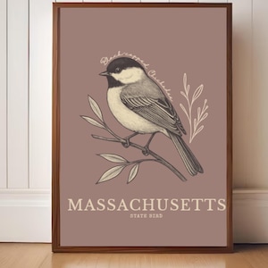 Lámina artística del ave estatal de Massachusetts: Ilustración botánica vintage del carbonero de cabeza negra