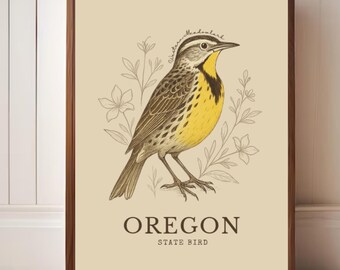 Oregon State Bird Print – Western Meadowlark Vintage Botanical Art