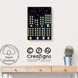 Lit City Buildings at Night Artwork, Digital Building Print, Home Decor, INSTANT DIGITAL DOWNLOAD, Printable City Wall Art, Downloadable Art