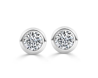 0.25ct F/SI 100% Natural Round Diamond Bezel Set Stud Earrings, White Gold