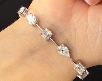 12.21ct Lab Grown Multi-Shape Diamond Tennis Bracelet, 14k White Gold