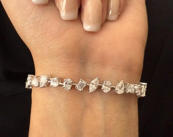 12.30ct Lab Grown Multi-Shape Diamond Tennis Bracelet, 14k White Gold
