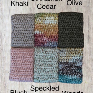May include: Crochet swatches in various colors and textures, including Khaki, Cinnamon Cedar, Olive, Blush, Speckled Neutrals, and Woods.