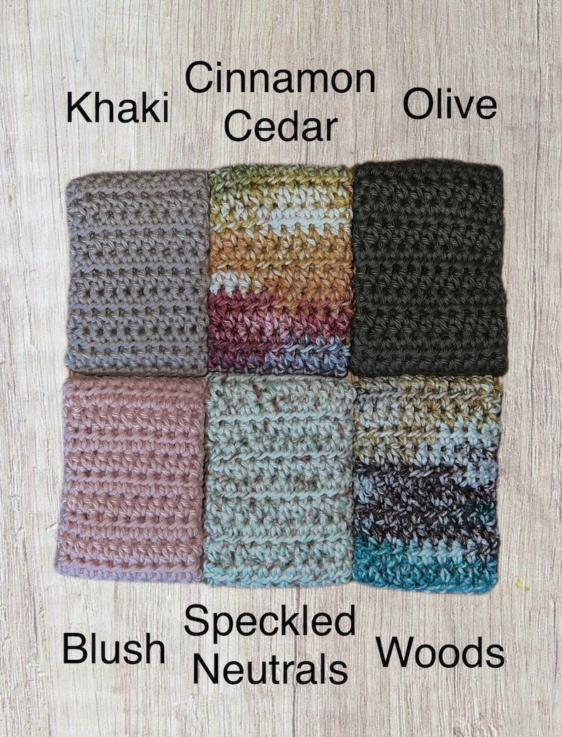 May include: Crochet swatches in various colors and textures, including Khaki, Cinnamon Cedar, Olive, Blush, Speckled Neutrals, and Woods.