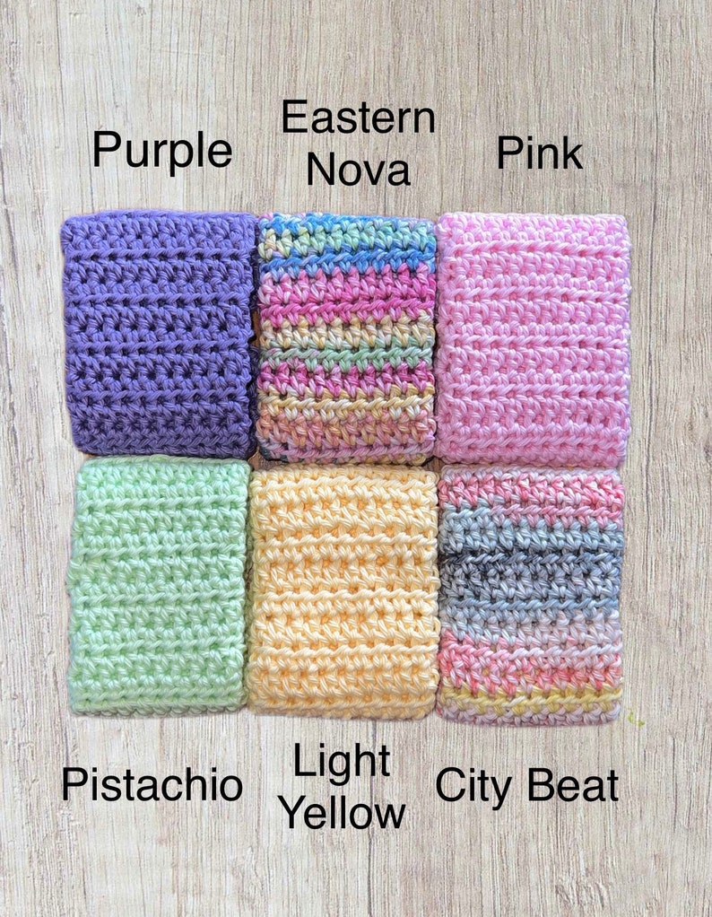 May include: Nine crocheted squares in different colors, including purple, pink, light yellow, pistachio, and a multi-colored square called "Eastern Nova". The squares are arranged in a 3x3 grid.