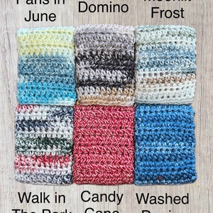 May include: Six crocheted squares in different color combinations. The squares are labeled with names like "Paris in June", "Domino", "Moonlit Frost", "Walk in The Park", "Candy Cane", and "Washed Denim".