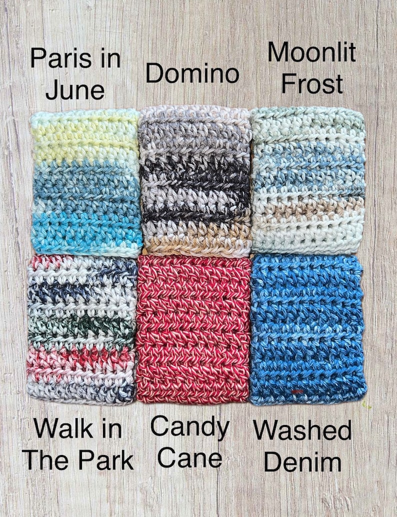 May include: Six crocheted squares in different color combinations. The squares are labeled with names like "Paris in June", "Domino", "Moonlit Frost", "Walk in The Park", "Candy Cane", and "Washed Denim".