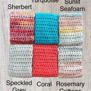 May include: Six crocheted squares in different colors and patterns. The squares are labeled with the names "Sherbert", "Turquoise", "Sunlit Seafoam", "Speckled Grey", "Coral", and "Rosemary Cottage".