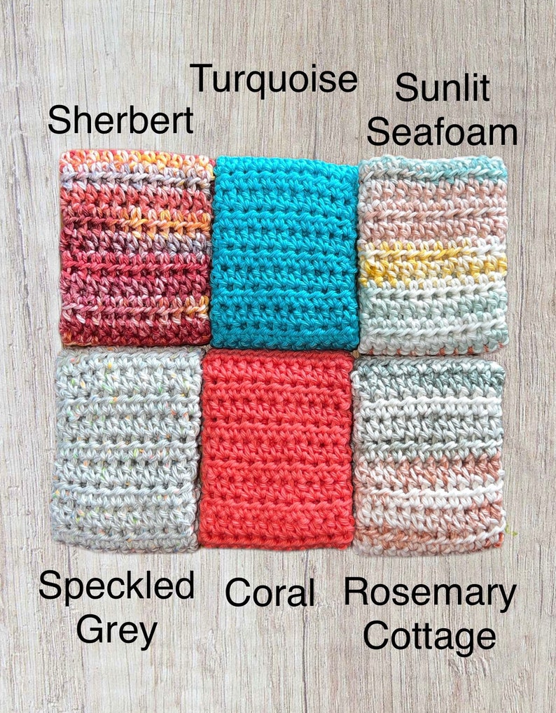 May include: Six crocheted squares in different colors and patterns. The squares are labeled with the names "Sherbert", "Turquoise", "Sunlit Seafoam", "Speckled Grey", "Coral", and "Rosemary Cottage".