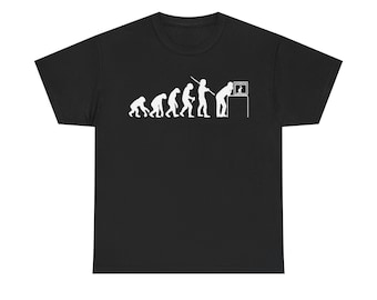 May include: Black t-shirt with a white graphic of the evolution of man, ending with a man hunched over a television.