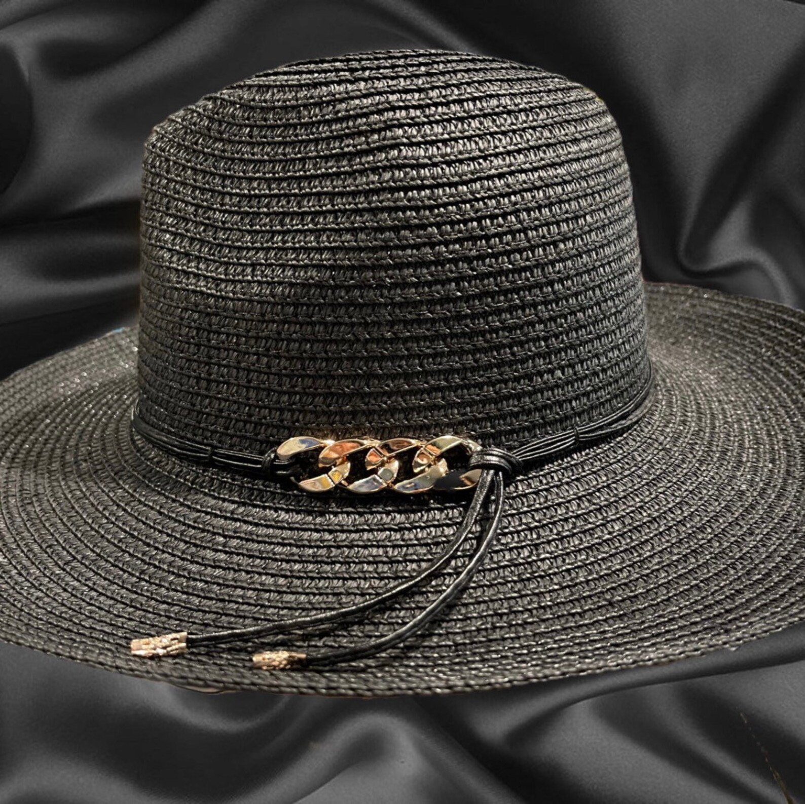 Fedora Hat With Side Gold Chain & Tie Black PU for Women. Etsy