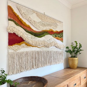 オーダーメイド特大手織り壁掛け | 織り物 | タペストリー | 抽象的な織りアート | モダンなファイバーアート | 風景