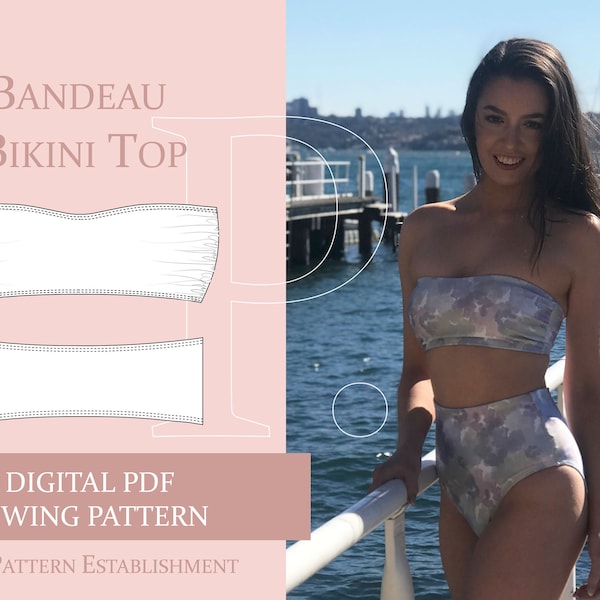 Cartamodello per top bikini a fascia senza spalline da donna, cartamodello PDF scaricabile e stampabile da donna, taglia XS-XXL