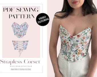 Bustier de corsé sin tirantes para mujer, patrón de costura PDF imprimible descargable para damas, tamaño XS-5XL