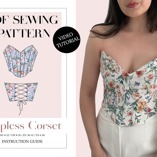 Women's Strapless Corset Bustier, Ladies Downloadable Printable PDF Sewing Pattern Size XS-5XL