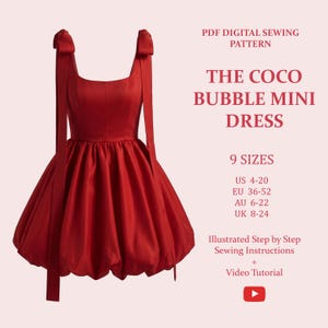 Op de afbeelding: Een felrode mini-jurk met een ballonrok en strikken op de schouderbandjes. De afbeelding bevat de tekst "THE COCO BUBBLE MINI DRESS" en maat informatie in US, EU, AU en UK maten. Het vermeldt ook naaipatronen en een video tutorial.
