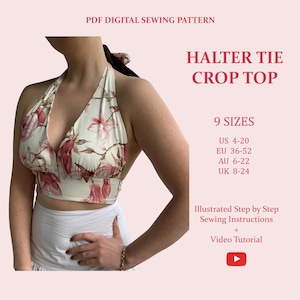Women's Tie Halter Crop Top, Ladies Downloadable Printable PDF Sewing Pattern Size XS-5XL