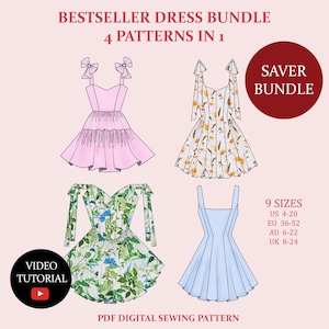 May include: An illustration of four different dress patterns in various colors and styles. The image includes text that reads "BESTSELLER DRESS BUNDLE 4 PATTERNS IN 1" and "9 SIZES US 4-20". A video tutorial is also available.