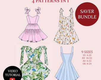 Bestseller Dress Bundle, 4 patterns in 1, Ladies Downloadable Printable PDF Sewing Pattern Size XS-5XL