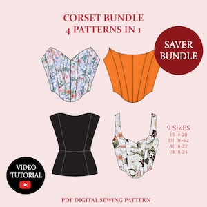 May include: A digital sewing pattern bundle featuring four corset designs. The image includes a floral print corset, an orange corset, a black corset, and a floral print corset. Text includes "Corset Bundle 4 Patterns in 1", "Video Tutorial", and size information.