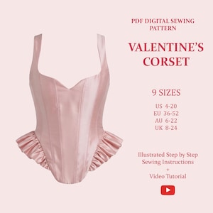El corsé de San Valentín. Corsé bustier con peplum, patrón de costura en PDF descargable e imprimible para mujer, tallas XS-5XL.