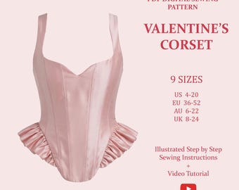 The Valentines Corset. Peplum Corset Bustier, Ladies Downloadable Printable PDF Sewing Pattern Size XS-5XL