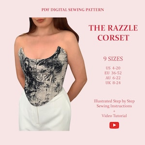 Corsé Razzle. Bustier corsé sin tirantes. Patrón de costura en PDF descargable e imprimible para damas, tallas XS-5XL.