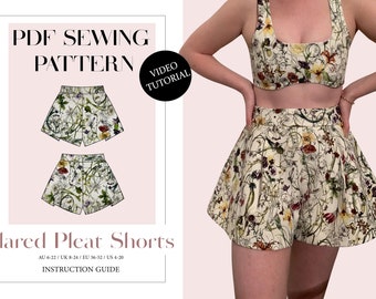 Women's Flared Pleat Shorts Sewing Pattern, Ladies Downloadable Printable PDF Sewing Pattern Size XS-5XL