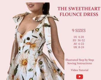 Women's Sweetheart Flounce Dress, Ladies Downloadable Printable PDF Sewing Pattern Size XS-5XL