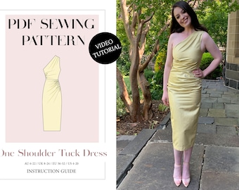 Women's One Shoulder Tuck Dress, Ladies Downloadable Printable PDF Sewing Pattern Size XS-5XL