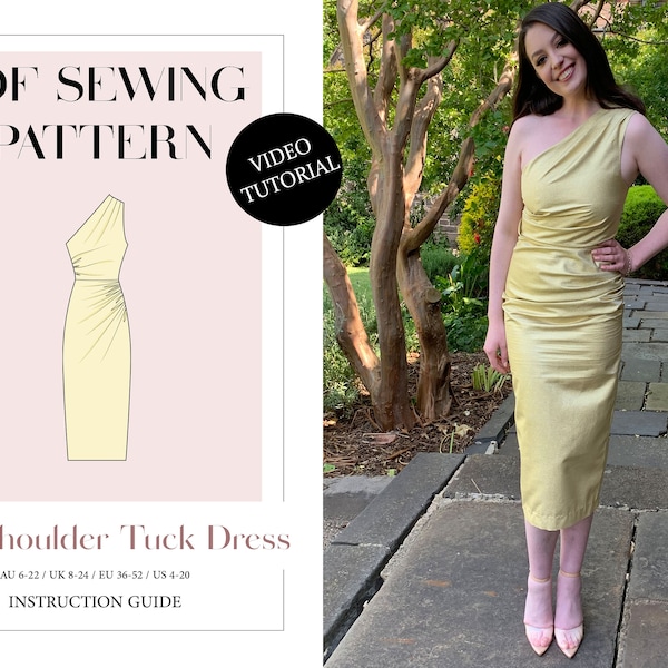 Women's One Shoulder Tuck Dress, Ladies Downloadable Printable PDF Sewing Pattern Size XS-5XL