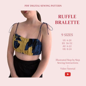 Women&#39;s Ruffle Bralette Crop Top, Ladies Downloadable Printable PDF Sewing Pattern Size XS-5XL