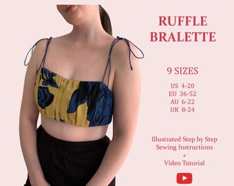 Women's Ruffle Bralette Crop Top, Ladies Downloadable Printable PDF Sewing Pattern Size XS-5XL