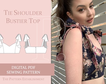 Women's Tie Shoulder Bustier Crop Top with Sweetheart Neckline, Ladies Downloadable Printable PDF Sewing Pattern Size XS-XXL