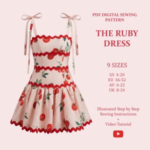 May include: A light pink dress with a red tomato pattern and scalloped edges. The dress has tie straps and red trim. Text on the image reads "THE RUBY DRESS" and "PDF DIGITAL SEWING PATTERN". The dress is available in 9 sizes, UK 8-24.