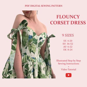 Women's Flouncy Corset Dress, Ladies Downloadable Printable PDF Sewing Pattern Size XS-5XL