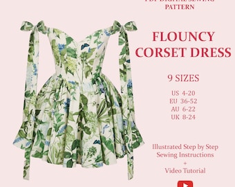 Women's Flouncy Corset Dress, Ladies Downloadable Printable PDF Sewing Pattern Size XS-5XL