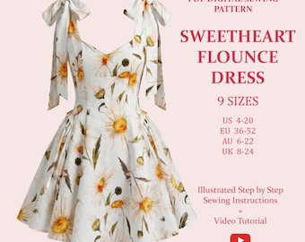Women's Sweetheart Flounce Dress, Ladies Downloadable Printable PDF Sewing Pattern Size XS-5XL