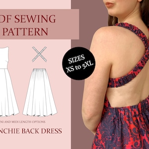 Naaipatroon jurk met scrunchierug, downloadbaar pdf-bestand dames, maat XS-5XL