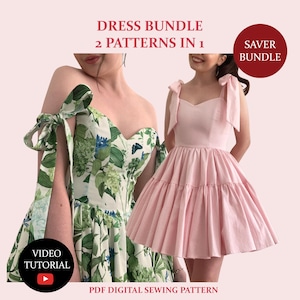 May include: Image of two dresses. One is a floral print with green and blue accents, the other is a solid pink dress. Text on the image reads "DRESS BUNDLE 2 PATTERNS IN 1" and "SAVER BUNDLE". The image also includes the text "VIDEO TUTORIAL" and "PDF DIGITAL SEWING PATTERN".