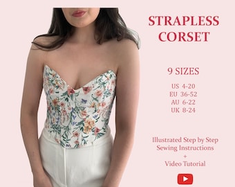 Women's Strapless Corset Bustier, Ladies Downloadable Printable PDF Sewing Pattern Size XS-5XL