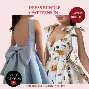 Puede incluir: Imagen de dos vestidos. Uno es un vestido azul claro con un gran lazo en la espalda. El otro es un vestido blanco con un estampado floral. El texto en la imagen dice "DRESS BUNDLE 2 PATTERNS IN 1", "SAVER BUNDLE", "VIDEO TUTORIAL" y "PDF DIGITAL SEWING PATTERN".