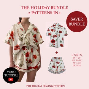 May include: A cream-colored pajama set with a red poppy floral print. The set includes a short-sleeved button-up shirt and matching shorts. The image also shows a pattern for the set, a video tutorial, and size options.