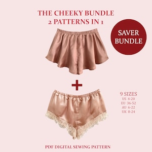 Puede incluir: Un conjunto de patrones de costura digitales que presenta dos shorts de satén rosa rubor. Uno de los shorts está adornado con encaje. El texto dice "THE CHEEKY BUNDLE 2 PATTERNS IN 1" y "PDF DIGITAL SEWING PATTERN". Tallas US 4-20, EU 36-52, AU 6-22, UK 8-24.