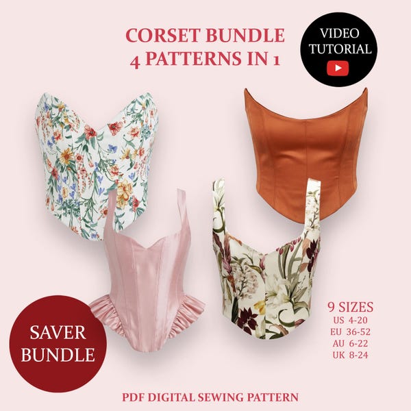 The Corset BUNDLE. Strapless Corset Bustier, Ladies Downloadable Printable PDF Sewing Pattern Size XS-5XL