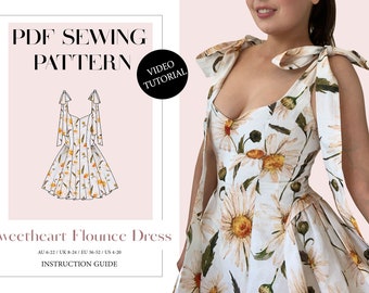 Women's Sweetheart Flounce Dress, Ladies Downloadable Printable PDF Sewing Pattern Size XS-5XL