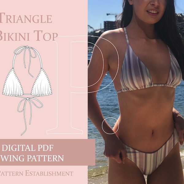 Patron de couture pour haut de bikini triangle pour femmes, patron de couture PDF imprimable téléchargeable pour femmes taille XS-XXL