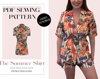 Damen Sommer Shirt mit Gürtel Schnittmuster, Damen herunterladbare druckbare PDF Schnittmuster Größe XS-5XL